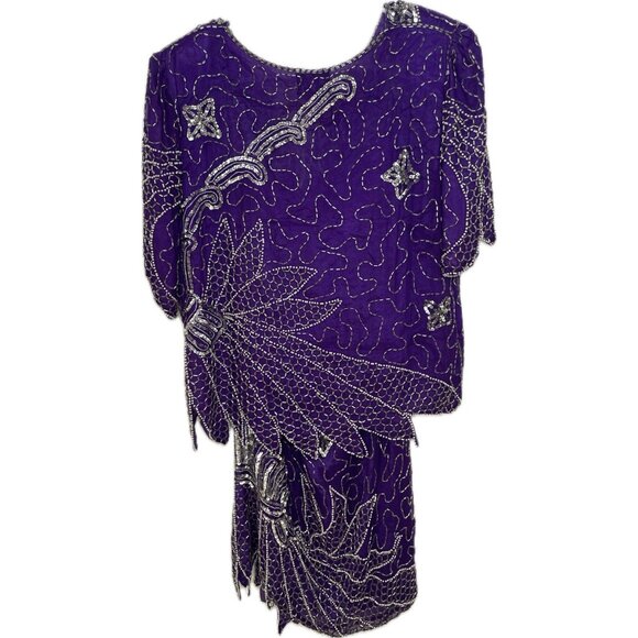tan chho Women’s 100% Silk Beaded Purple Set Suit Costume Small Vintage 20s - Picture 2 of 13
